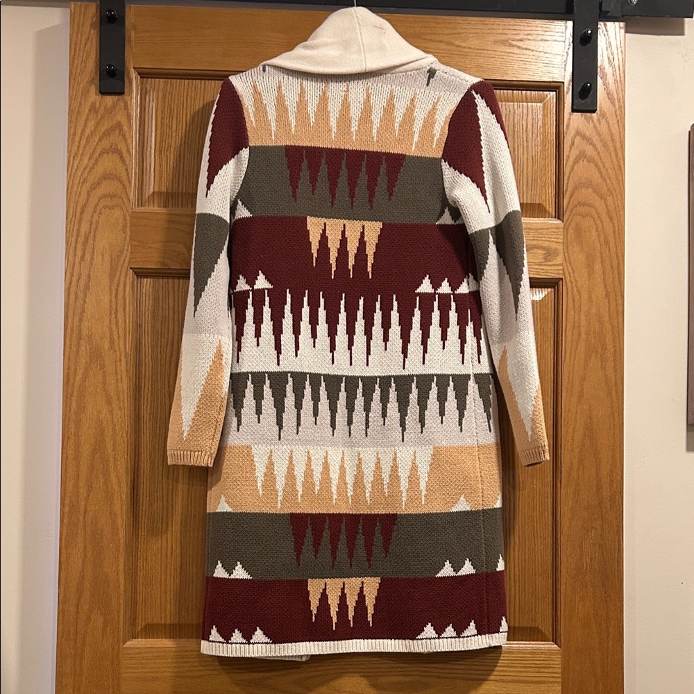 Shyanne Cream, Tan, Olive, and Rust Geometric Duster Cardigan Size Small - Picture 3 of 6